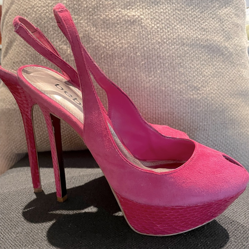 BEBE SUEDE AND FAUX SNAKE S BACK PLATFORM PUMPS